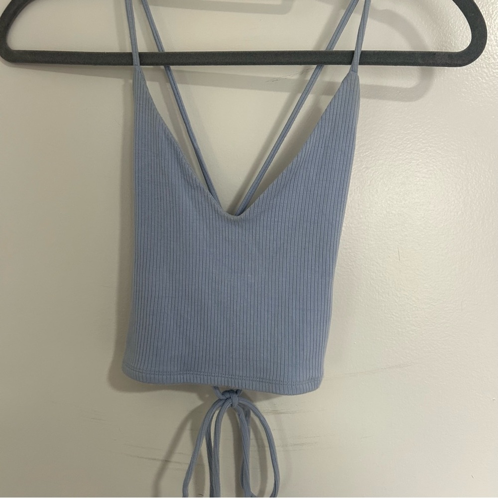 Garage Light Blue Ribbed Cross Back Crop Top